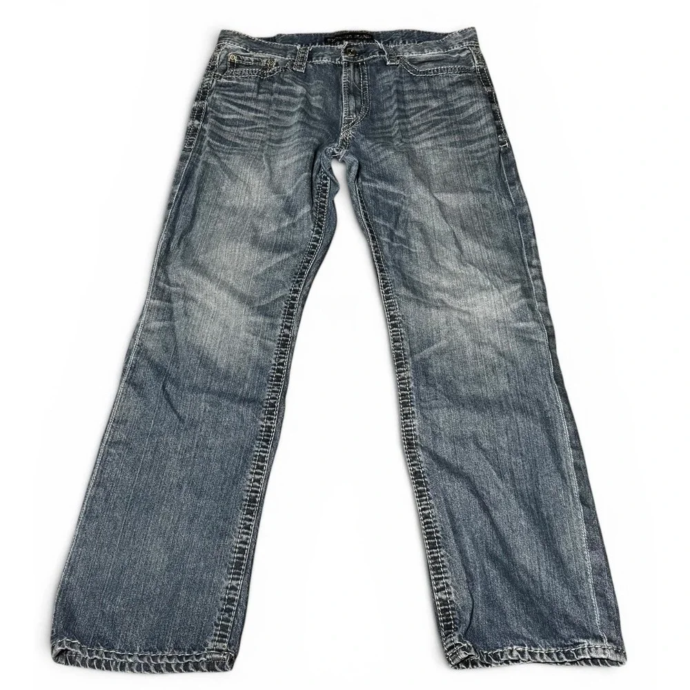 Express Blake Loose Fit Boot Cut Mens Jeans 38x34 Blue Distressed Denim